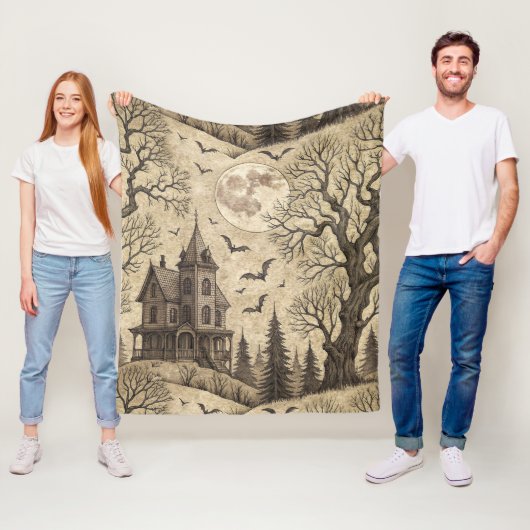 ヴィンテージ幽霊のよく出るハウス&フルムーン フリースブランケット (インサイチュ)