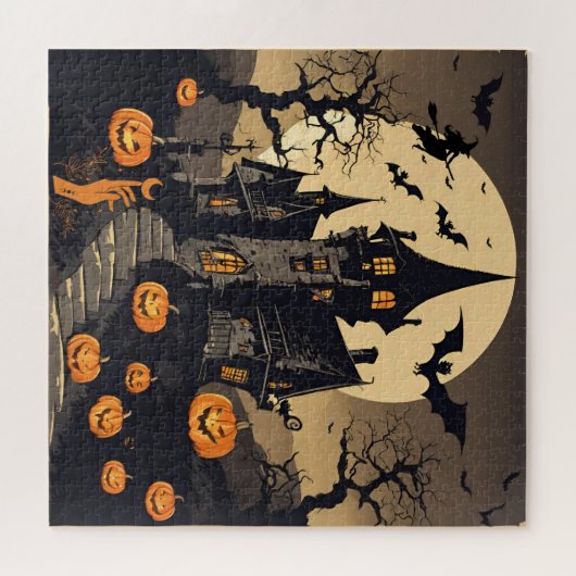 ヴィンテージ幽霊のよく出るハロウィーンハウス，カボチャ，こうもり ジグソーパズル (横)