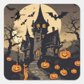 ヴィンテージ幽霊のよく出るハロウィーンハウス，カボチャ，こうもり スクエアシール (正面)