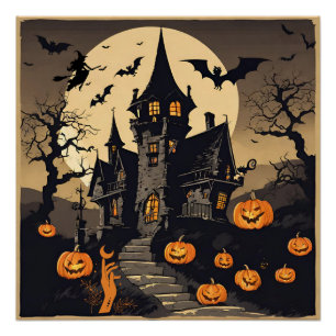 ヴィンテージ幽霊のよく出るハロウィーンハウス,カボチャ,こうもり ポスター