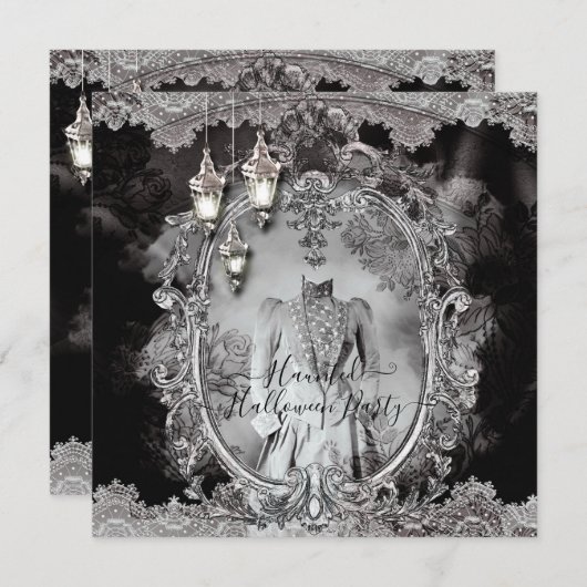 ヴィンテージ幽霊のよく出るレディーハロウィーンディナーパーティー 招待状 (正面/裏面)