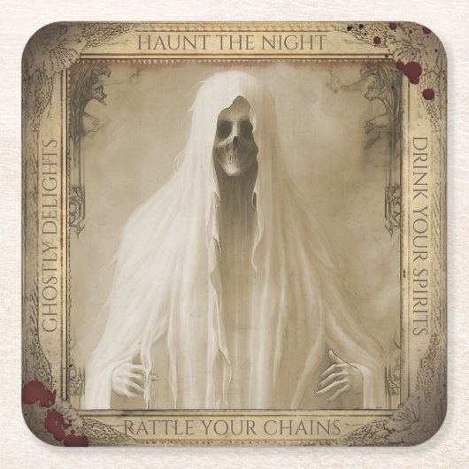 ヴィンテージ幽霊ハロウィン不気味 スクエアペーパーコースター (正面)