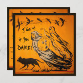 ヴィンテージ幽霊、カラス、こうもり、猫ハローウィンパーティ 招待状 (正面/裏面)