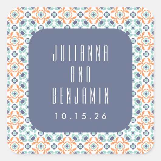 ヴィンテージ幾何タイルMotifブルー結婚のカスタム スクエアシール (正面)