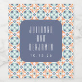 ヴィンテージ幾何タイルMotifブルー結婚のカスタム ワインラベル (シングルラベル)