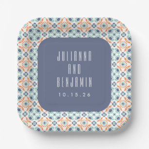 ヴィンテージ幾何学タイル モチーフ 青 結婚式 オーダーメイド ペーパープレート