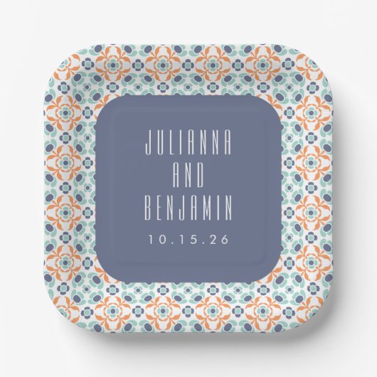 ヴィンテージ幾何学タイル モチーフ 青 結婚式 オーダーメイド ペーパープレート (正面)