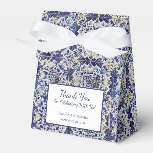 ヴィンテージ幾何学模様の青と白のタイルパターン フェイバーボックス (正面サイド)