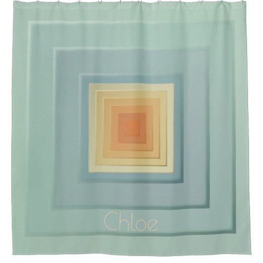 ヴィンテージ幾何学模様（淡青色と黄色） シャワーカーテン (正面)