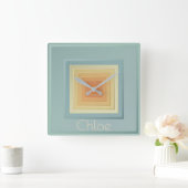 ヴィンテージ幾何学模様(淡青色と黄色) スクエア壁時計 (ホーム)