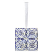 ヴィンテージ幾何学的な青の白いタイルのクリスマス キューブオーナメント (右)