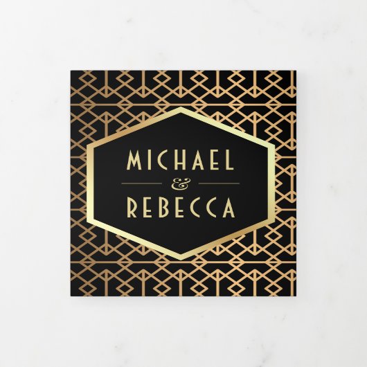 ヴィンテージ幾何学的アールデコスタイル結婚写真 三つ折り招待状 (カバー)