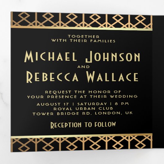 ヴィンテージ幾何学的アールデコスタイル結婚写真 三つ折り招待状 (内部最初)