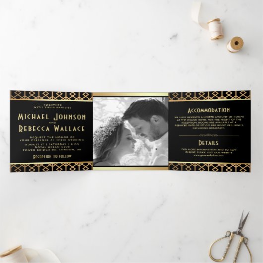 ヴィンテージ幾何学的アールデコスタイル結婚写真 三つ折り招待状 (内部)