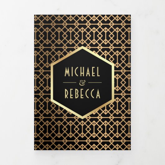 ヴィンテージ幾何学的アールデコスタイル結婚写真 三つ折り招待状 (カバー)