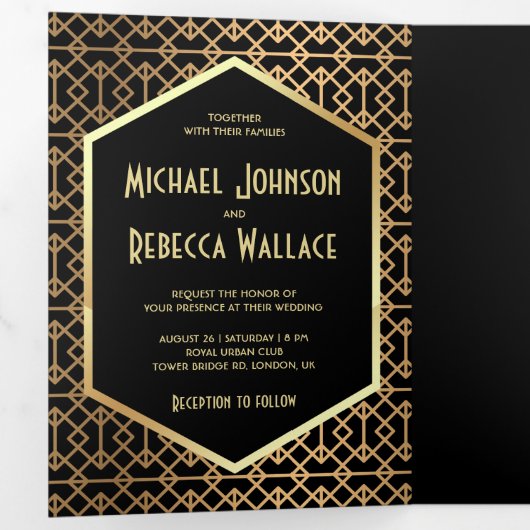 ヴィンテージ幾何学的アールデコスタイル結婚写真 三つ折り招待状 (内部最初)