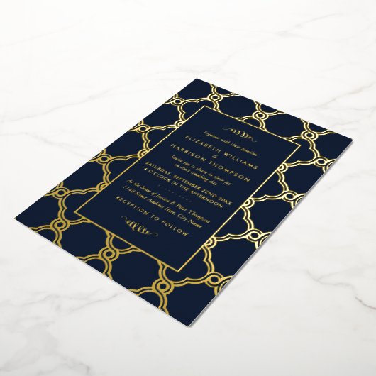 ヴィンテージ幾何学的アールデコ結婚ギャツビー実在ズ 箔招待状 (回転した状態)