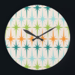 ヴィンテージ幾何学的スターバストラウンドウォールクロック ラージ壁時計<br><div class="desc">ヴィンテージ幾何学的。スターバスト。あなたもしは、このレトロなヴィンテージ幾何学模様スターバストの壁時計はあなたのためにある言葉のいずれかを愛している。このミッドセンチュリーモダンデザインは、ターコイズ、ライムグリーン、オレンジ、ティール(緑がかった色)スターバストの列を持つクリームの背景を特徴としている。このモダンデザインは、奇妙な小さな玉ねぎのレトロ原子の移動パターンとレトログリッドとスターバスト製品と美しくペア。この信じられないほどのパターンで子猫を取り戻すおもしろい。行け。スターバストに手を伸ばせ!</div>