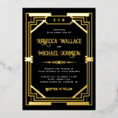 ヴィンテージ幾何結婚アールデコの黒金ゴールド 箔招待状 (正面)