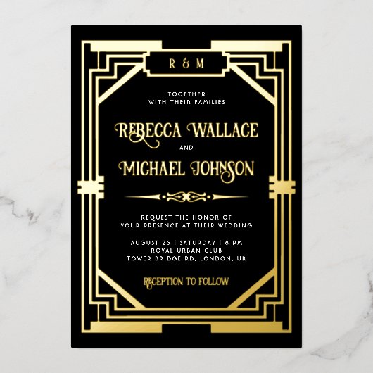 ヴィンテージ幾何結婚アールデコの黒金ゴールド 箔招待状 (正面)