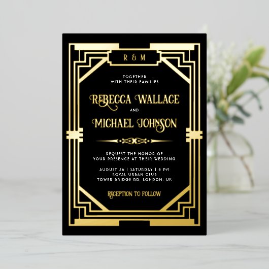 ヴィンテージ幾何結婚アールデコの黒金ゴールド 箔招待状 (立ち正面)