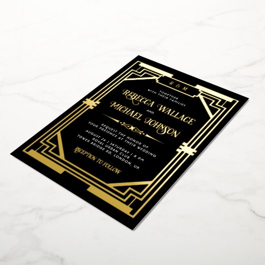 ヴィンテージ幾何結婚アールデコの黒金ゴールド 箔招待状 (回転した状態)