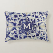 ヴィンテージ幾何青白タイモノグラムのル アクセントクッション (正面)