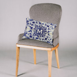 ヴィンテージ幾何青白タイモノグラムのル アクセントクッション