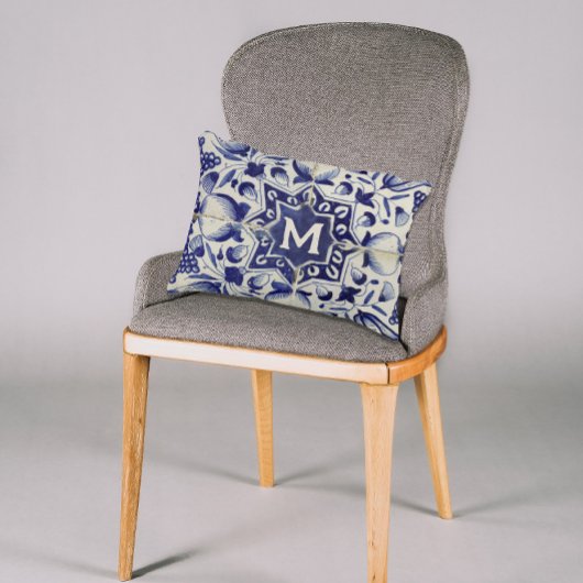 ヴィンテージ幾何青白タイモノグラムのル アクセントクッション