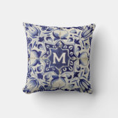 ヴィンテージ幾何青白タイモノグラムのル クッション (正面)