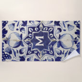 ヴィンテージ幾何青白タイモノグラムのル ビーチタオル (正面)