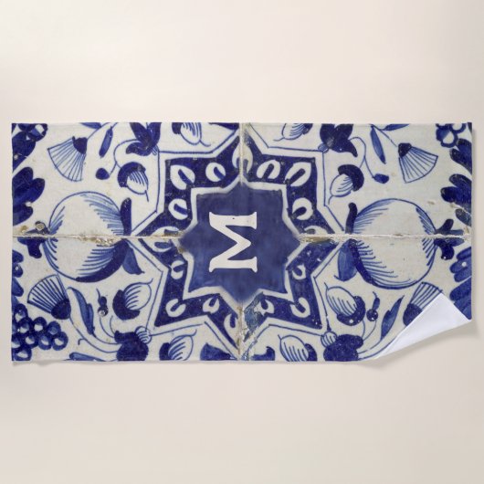 ヴィンテージ幾何青白タイモノグラムのル ビーチタオル (正面)