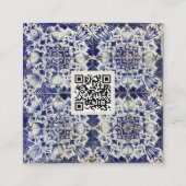 ヴィンテージ幾何青白QRコードソーシャルメディア スクエア名刺 (裏面)