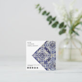 ヴィンテージ幾何青白QRコードソーシャルメディア スクエア名刺 (スタンド正面)