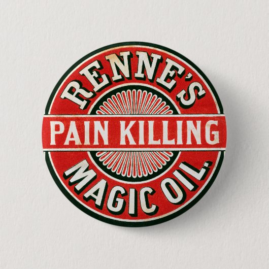 ヴィンテージ広告のレンヌの痛み殺し魔法油 缶バッジ (正面)