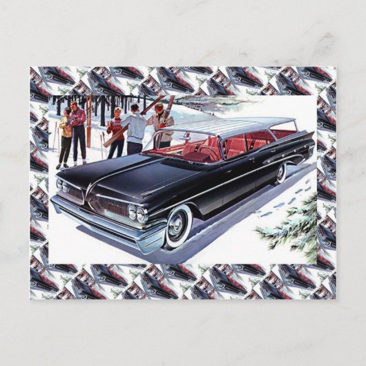 ヴィンテージ広告カーの車、車でスキー ポストカード (正面)