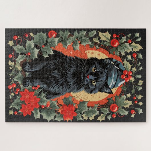 ヴィンテージ座る黒猫クリスマステーマ ジグソーパズル (横)