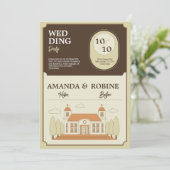ヴィンテージ建物イラストレーション結婚式招待状 招待状 (スタンド正面)