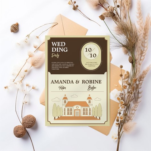 ヴィンテージ建物イラストレーション結婚式招待状 招待状