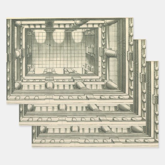 ヴィンテージ建築、アトリウム中庭の遠近法 ラッピングペーパーシート (セット)