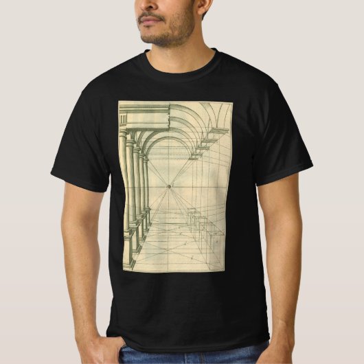 ヴィンテージ建築、列柱とアーチの遠近法 Tシャツ (正面)