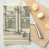 ヴィンテージ建築、古代ローマの列柱を持つ中庭 キッチンタオル (四つ折り)