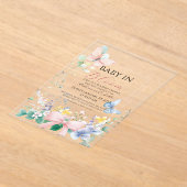 ヴィンテージ弓ベビーの開花ワイルドフラワーベビーシャワー アクリル招待状 (レイダウン)