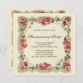 ヴィンテージ引っ越し祝いパーティー、アンティークバラ花フローラ 招待状 (正面/裏面)