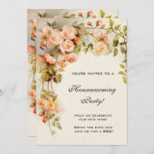 ヴィンテージ引っ越し祝いパーティー、アンティークピンクのバラ花 招待状 (正面/裏面)