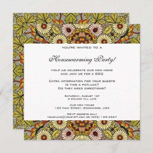 ヴィンテージ引っ越し祝いパーティー、ガーデンフラワー蝶 招待状 (正面/裏面)