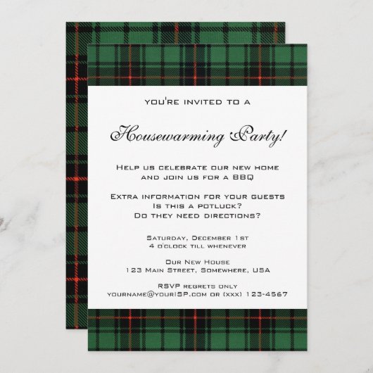 ヴィンテージ引っ越し祝いパーティー、タータンチェックダビッドソンパターン 招待状 (正面/裏面)