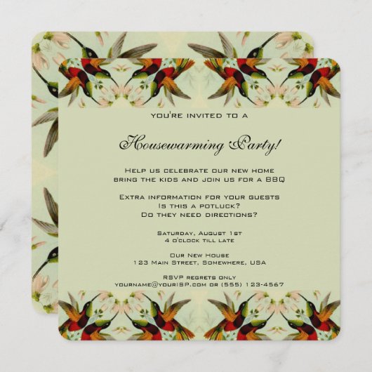 ヴィンテージ引っ越し祝いパーティー、ハミングバードフローラ花 招待状 (正面/裏面)
