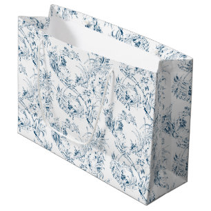 ヴィンテージ彫フランスのりフローラファンタジーToile-Blue ラージペーパーバッグ