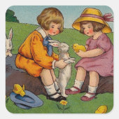 ヴィンテージ復活祭の少年と少女 スクエアシール (正面)